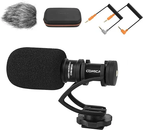 Comica CVM-VM10II camera microphone with directional audio capture features for action cameras, vlogging, filmmaking, and video recording.