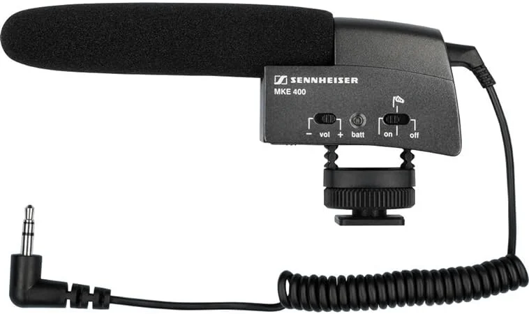 Sennheiser MKE 400 compact shotgun microphone for action cameras, vlogging, and video recording with focused directional audio capture.