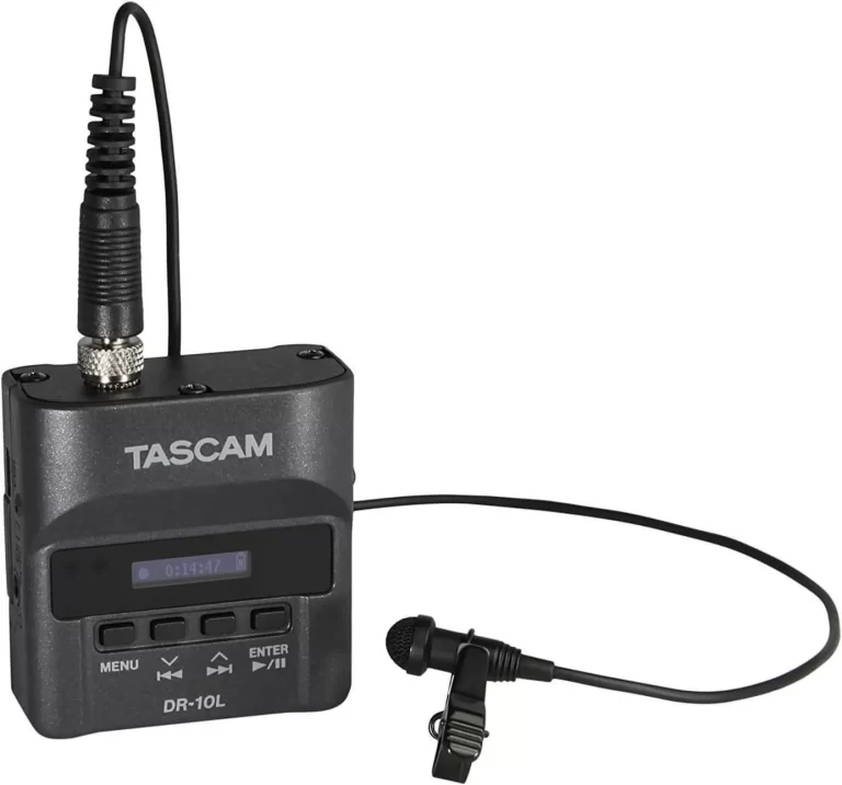 Tascam DR-10L portable audio recorder with lavalier microphone for action cameras, interviews, filmmaking, and high-quality voice recording.