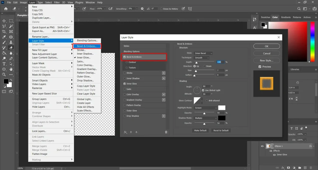 Photoshop Layer Style panel showing Bevel and Emboss effect settings for creating 3D depth and realistic layer effects