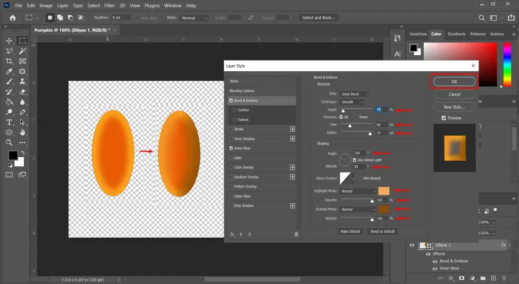 Photoshop Bevel and Emboss effects applied to a layer for creating realistic 3D depth and raised design elements