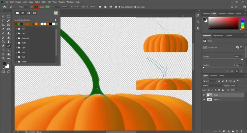 Photoshop tutorial step showing the process of creating and refining a stem using drawing tools for digital design