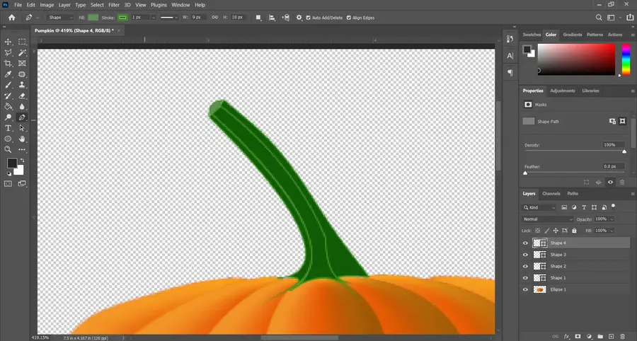 Photoshop tutorial showing the final stem drawing process using digital painting and shape editing techniques