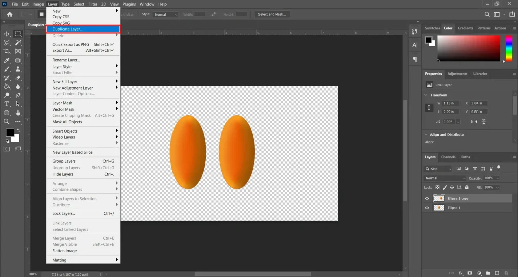 
Photoshop menu bar showing the Duplicate Layer option for creating a copy of a selected layer
