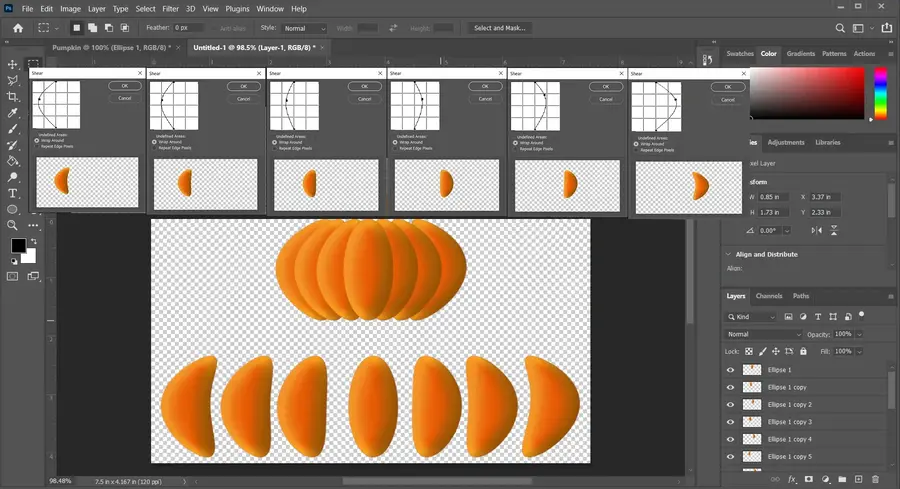 Photoshop tutorial showing how to create additional slices on an eclipse shape using transform tools for a creative sliced design effect