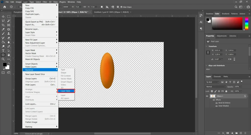 Photoshop menu bar showing the Rasterize Layer option to convert editable layers into pixel-based images for editing