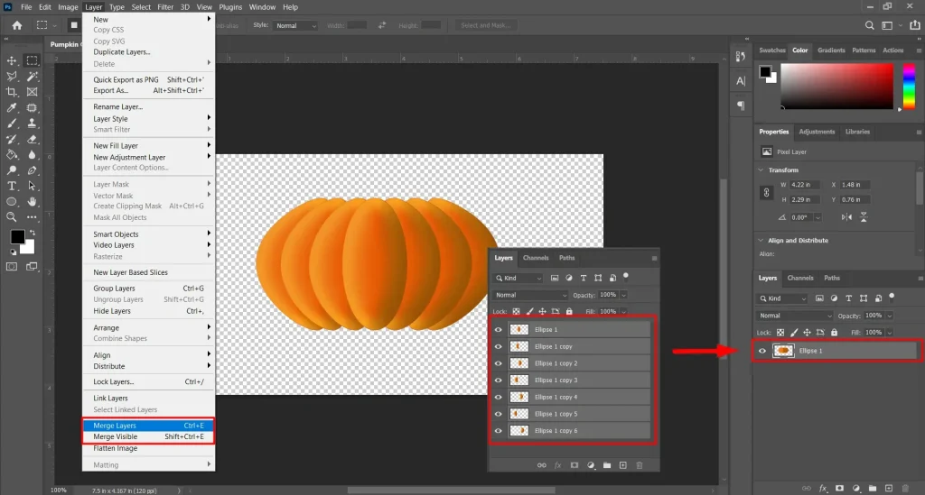 Photoshop tutorial showing how to merge all layers into a single layer for easier image editing and design workflow