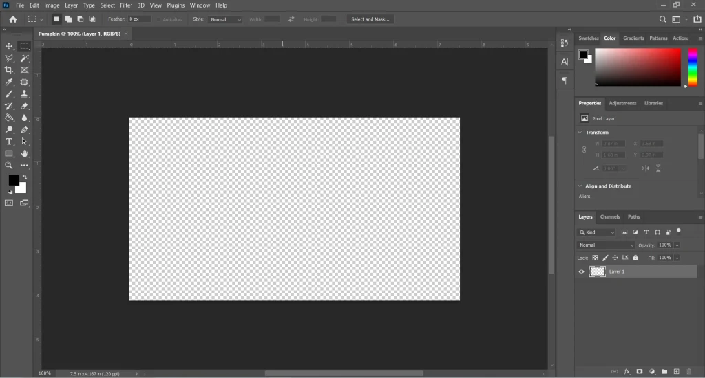 New file interface in Photoshop for pumpkin drawing.