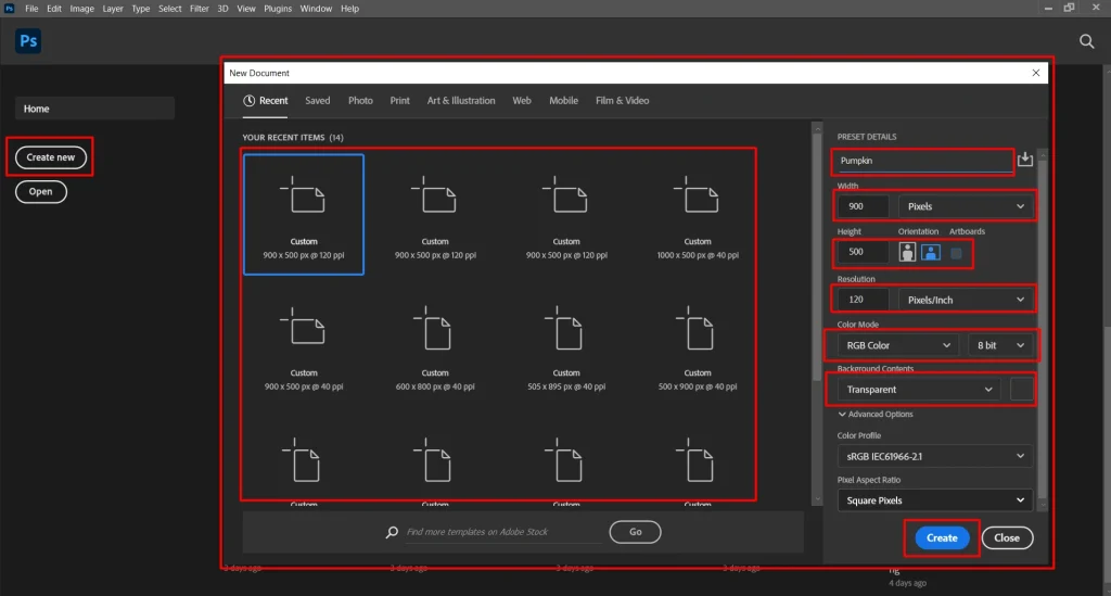 Photoshop New Document window for pumpkin drawing.