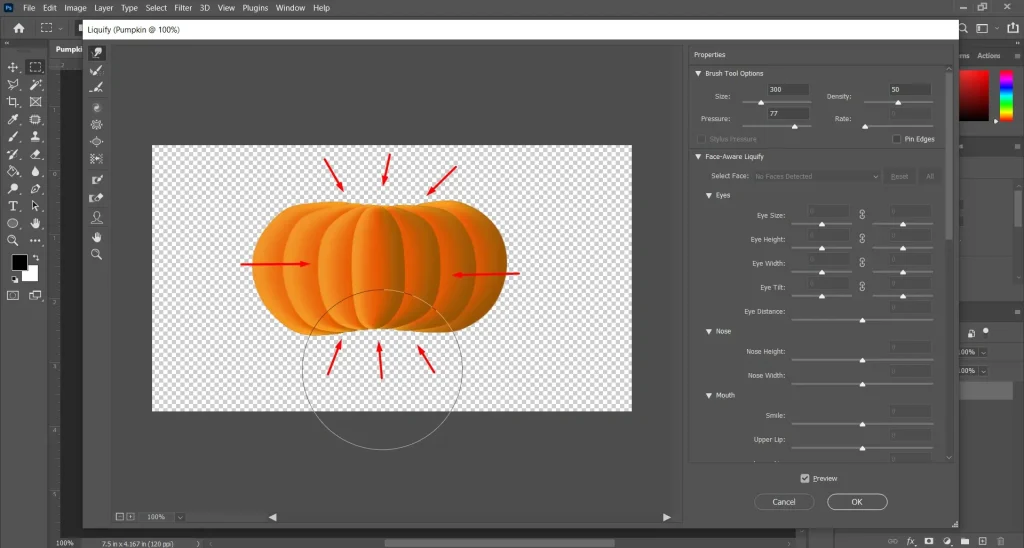 Photoshop Liquify tutorial showing the Pucker Tool effect used to create a distorted and reshaped image appearance