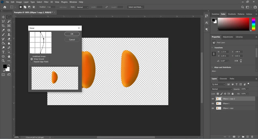 Photoshop editing tutorial showing the right side slice effect created on a shape using transform and selection tools