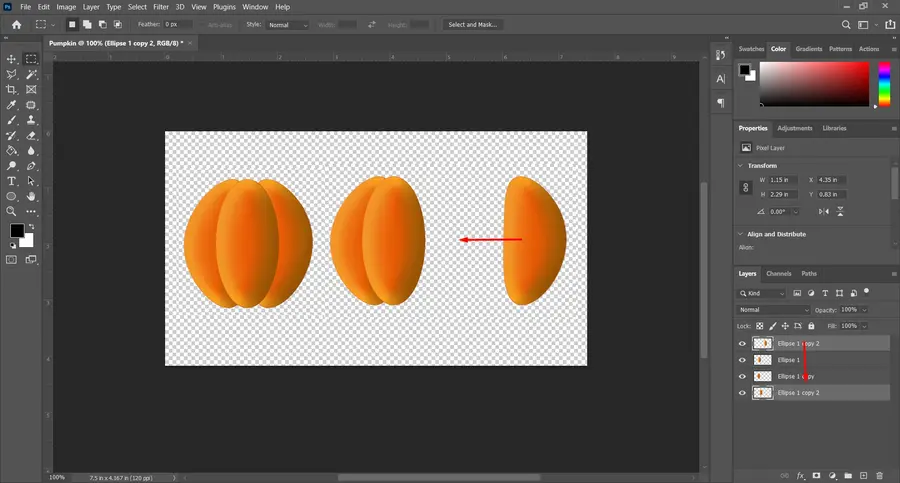 Photoshop tutorial step showing the right side slice effect adjustment using selection and transform tools for creative design