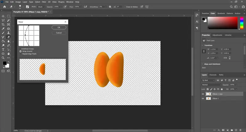 Photoshop tutorial showing how to skew an eclipse shape and create a slice effect using transform tools