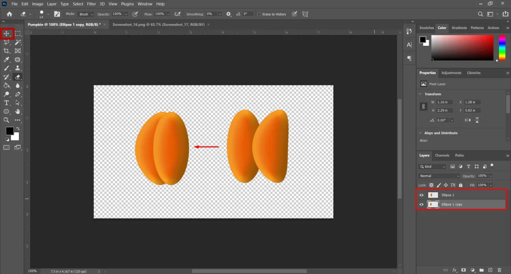 Photoshop tutorial step showing a skewed eclipse shape being edited to create a slice effect with transform tools