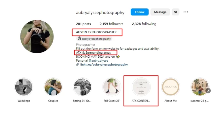 Photographer bio optimization tip showing how to include a target location in a profile to attract local photography clients and improve visibility.