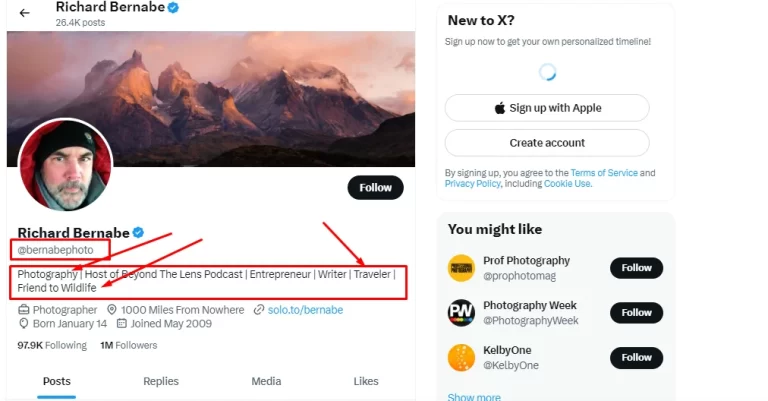 Examples of photographer bios for Twitter showing professional profile descriptions, personal branding tips, and ways to attract photography clients