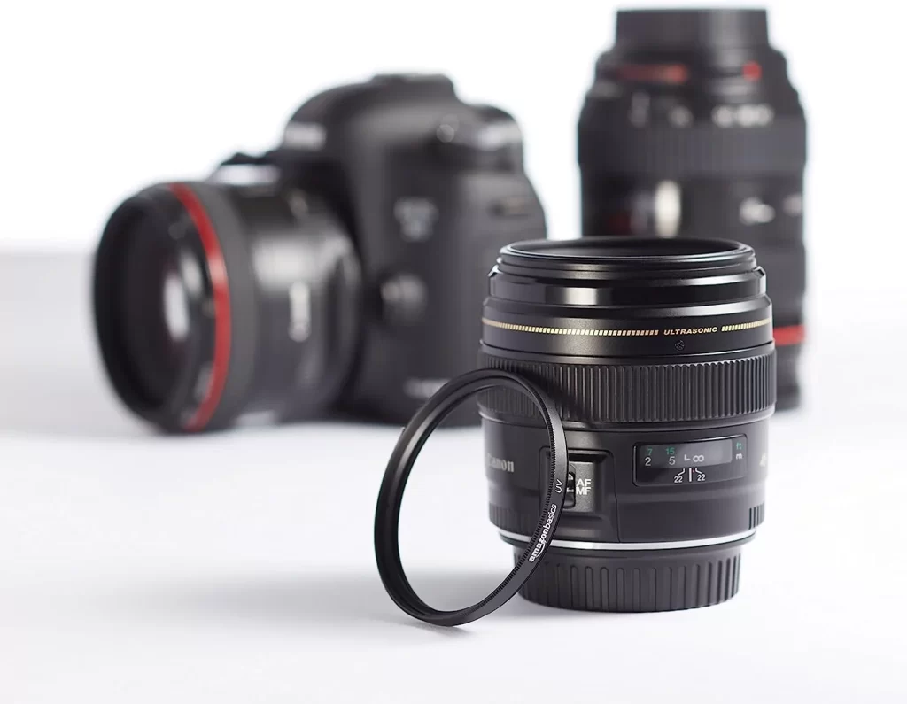 UV protector filter attached to a camera lens helping reduce ultraviolet light, protect the lens, and improve outdoor photography quality