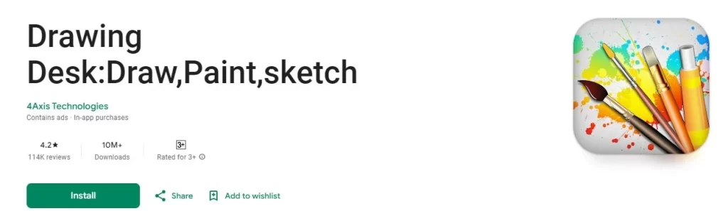 Drawing Desk app interface featuring sketching tools, painting brushes, and creative drawing features for artists and beginners creating digital artwork.