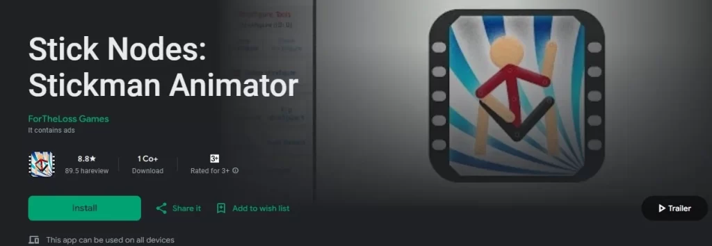 Stick Nodes drawing app interface showing stickman animation tools, character creation features, and digital drawing options for creating animated projects on Android.