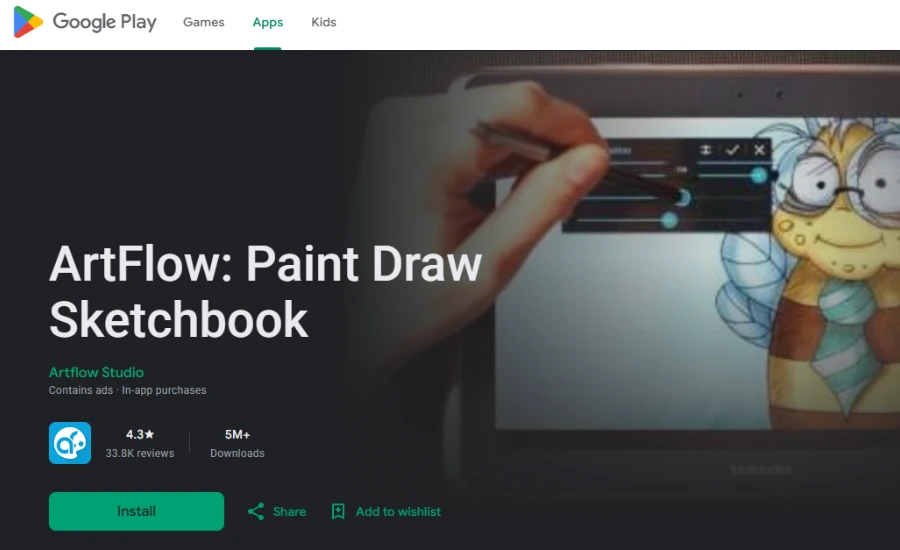Artflow drawing app interface featuring customizable brushes, painting tools, and digital illustration features for creating creative artwork on Android devices.