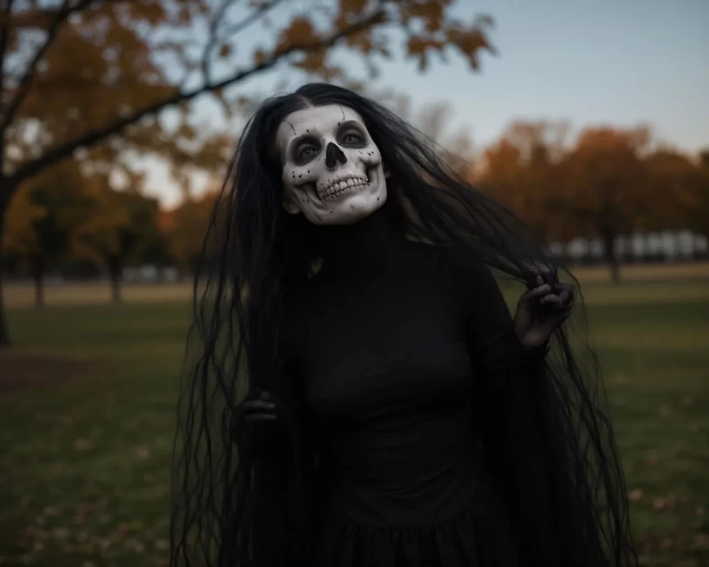 Classic spooky Halloween photoshoot featuring a dark haunted setting, creepy costumes, and dramatic lighting to create a scary and mysterious atmosphere.