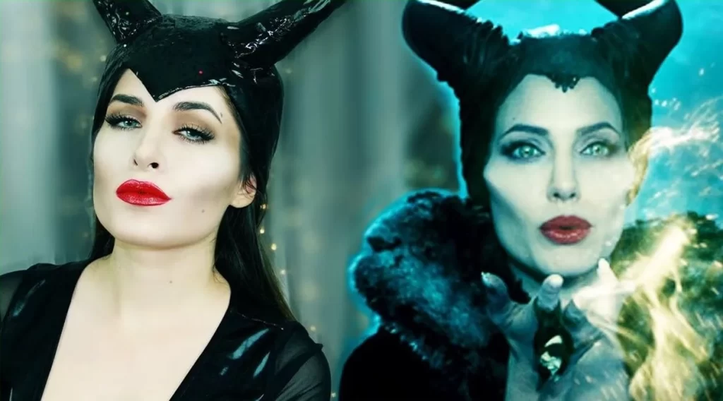 Maleficent inspired Halloween photoshoot featuring a dark fantasy costume, dramatic makeup, and iconic villain-style elements for a magical and mysterious appearance.