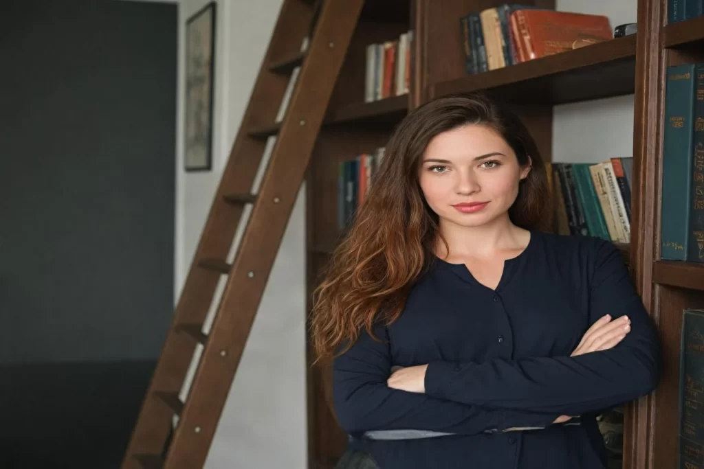 Professional portrait of a person standing in front of a bookshelf, creating an intellectual and polished background for a headshot.