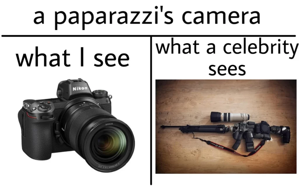 Funny photography meme comparing a professional photographer and paparazzi, showing humorous differences between photography styles and shooting approaches.