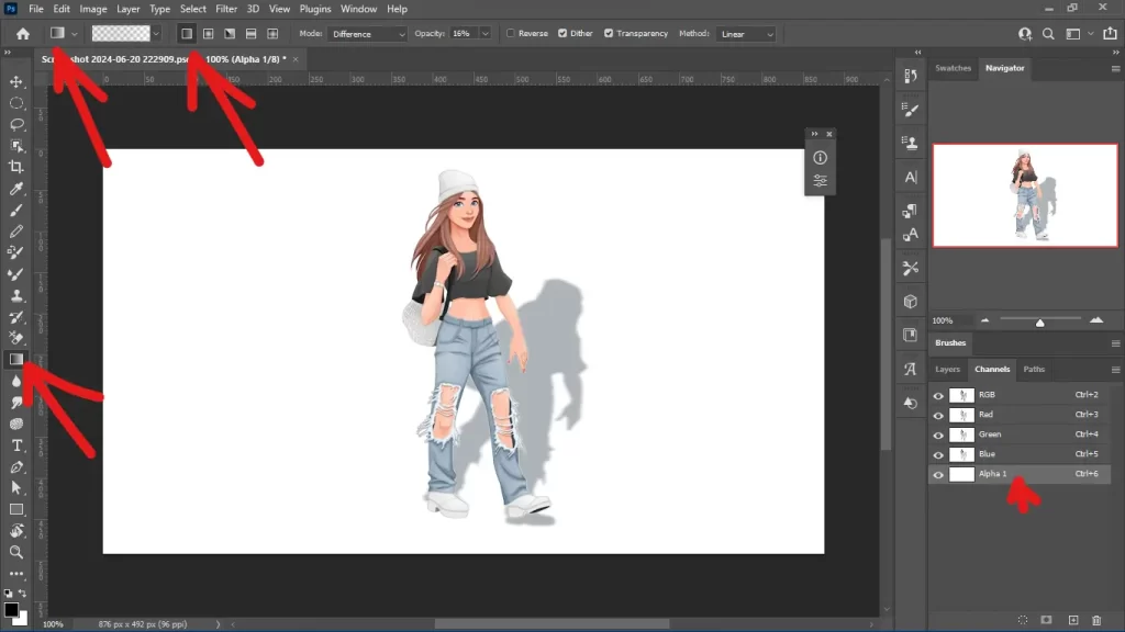 Creating a gradient within the alpha channel in Photoshop to refine and adjust a realistic drop shadow effect