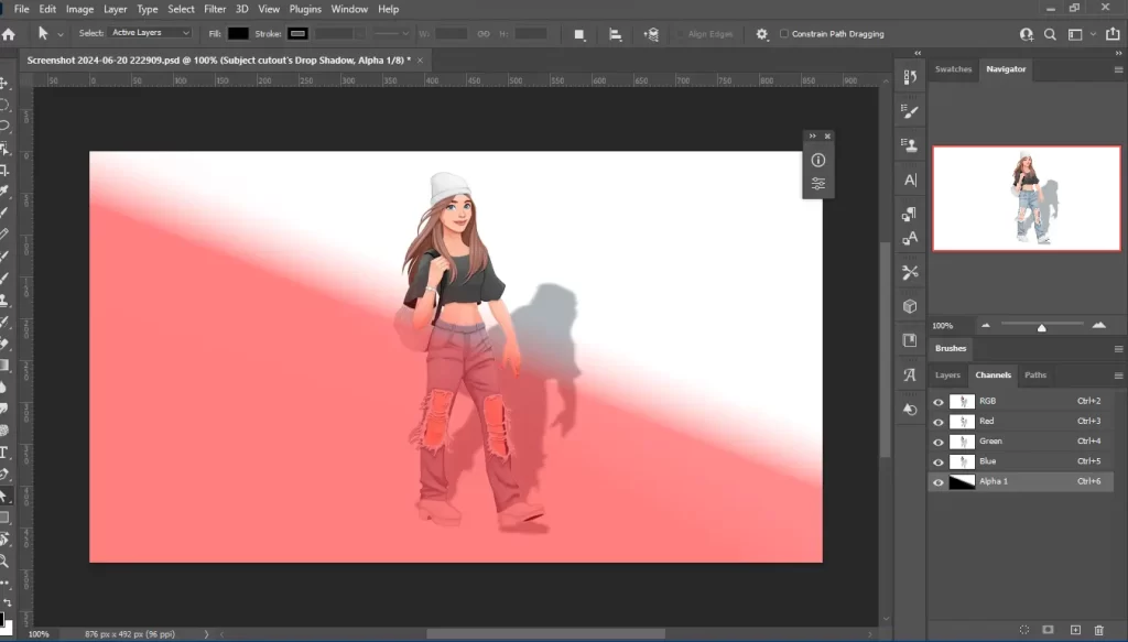 Applying a gradient within the alpha channel in Photoshop to create a smooth and realistic shadow effect