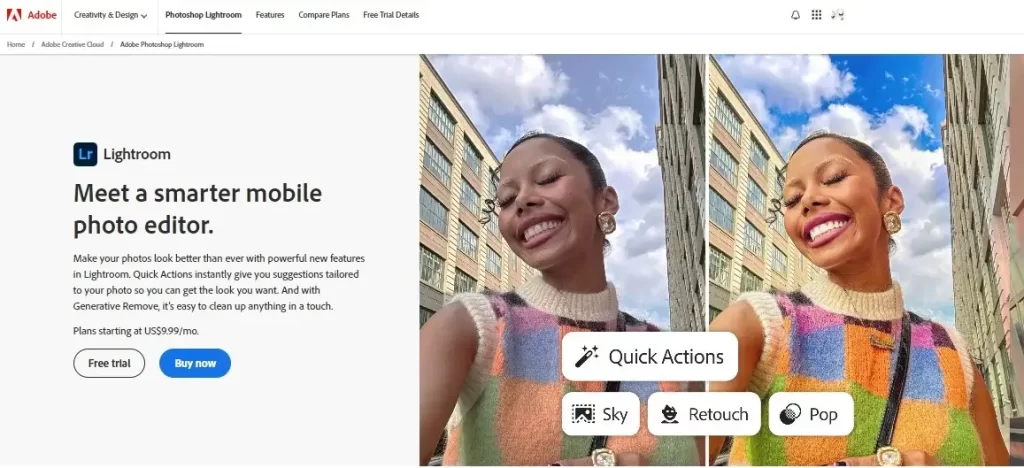 Adobe Lightroom website interface showcasing professional photo editing, image organization, and advanced color adjustment features.