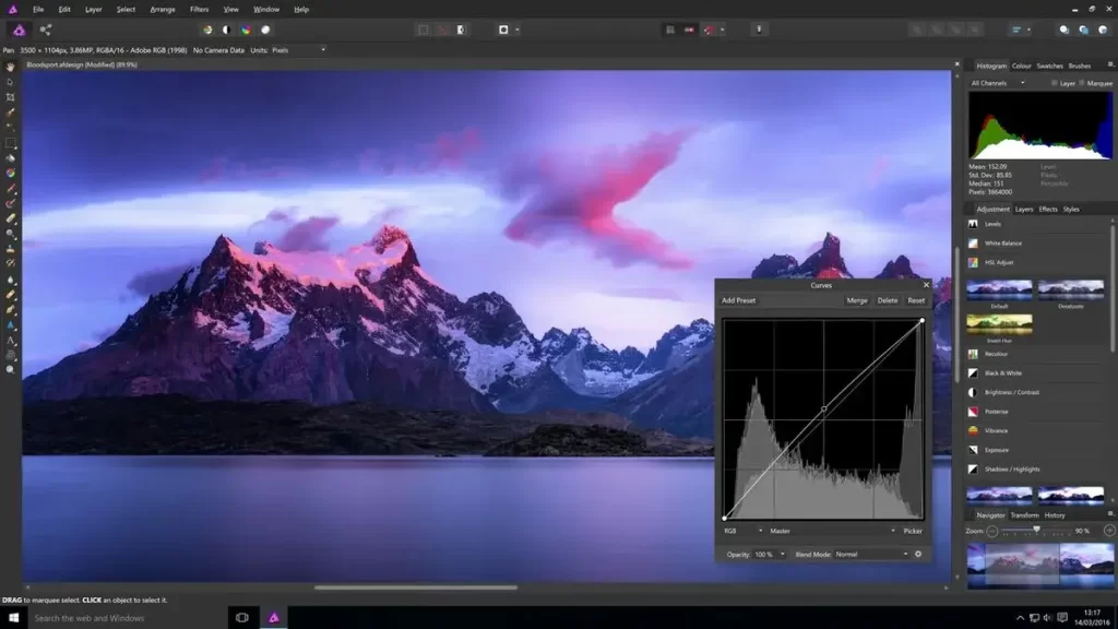 Affinity Photo program interface showing professional image editing tools, photo retouching features, and creative design workspace.