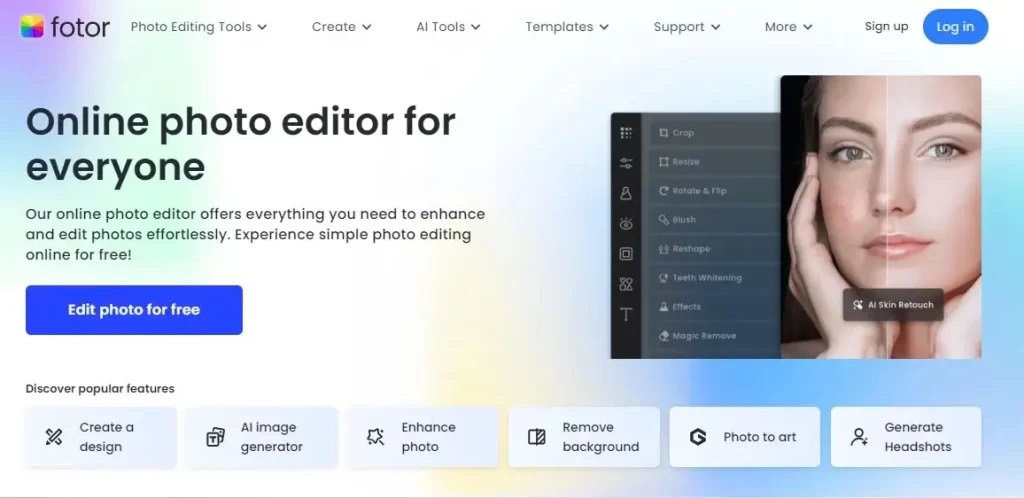 Fotor website interface showcasing online photo editing tools, AI-powered image enhancement features, and creative design solutions.