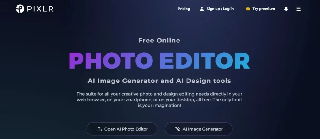 Pixlr photo editing tool interface showing online image editing features, creative filters, and design tools for enhancing photos.