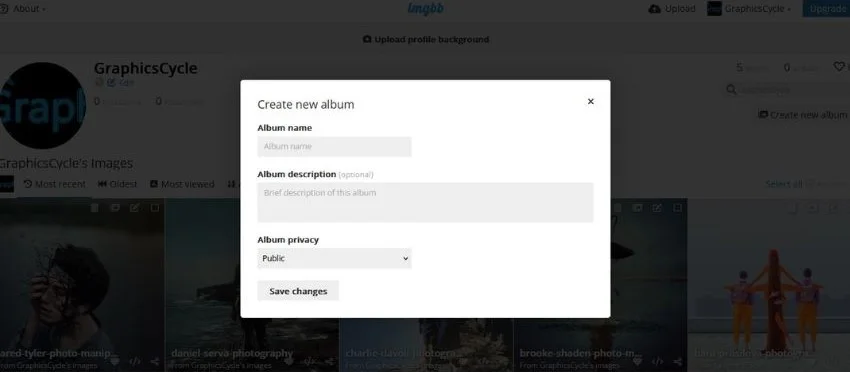 create new album setting pop up imgbb