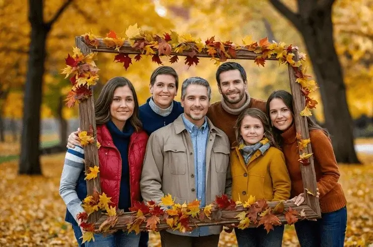 Family wearing classic fall attire with cozy sweaters, layered clothing, and warm autumn colors for an elegant seasonal photoshoot.
