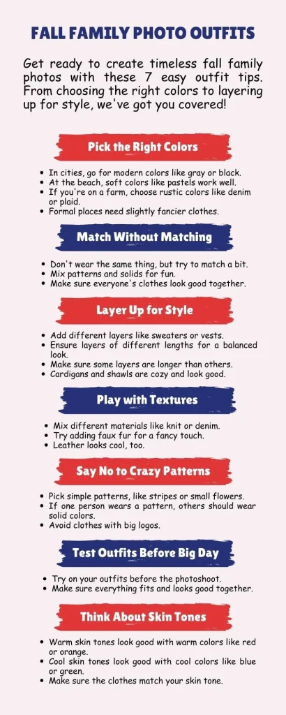 Infographic sharing fall family photo outfit tips, including seasonal color ideas, outfit combinations, and styling recommendations for photoshoots.