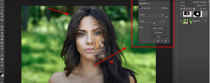 Using the Brush Tool to clean and refine the forehead area in Photoshop.