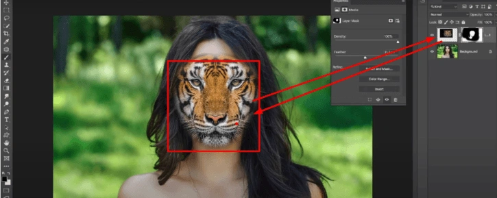 Final Photoshop composite with the tiger face seamlessly aligned with the model's face.