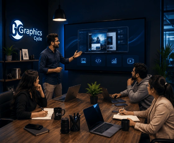 Graphics Cycle team collaborating during a creative project presentation.