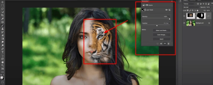 Fine-tuning the tiger's face to align with half of the model's face in Photoshop.