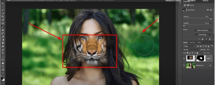 Positioning the tiger's jaw to align with the model's face in Photoshop.