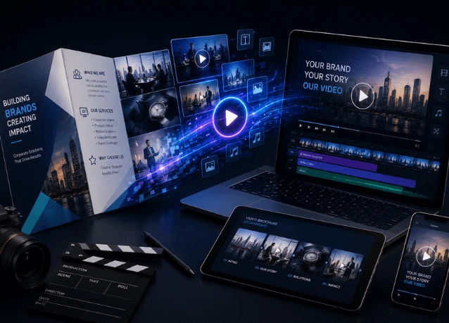 Professional video brochure production service showing a corporate brochure transforming into a digital video presentation.