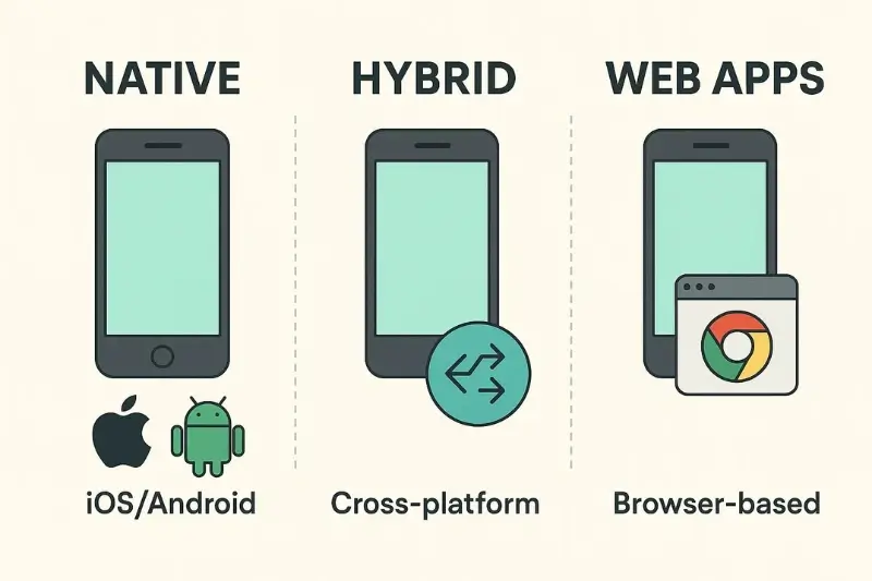 Overview comparing native, hybrid, and web apps for different platforms